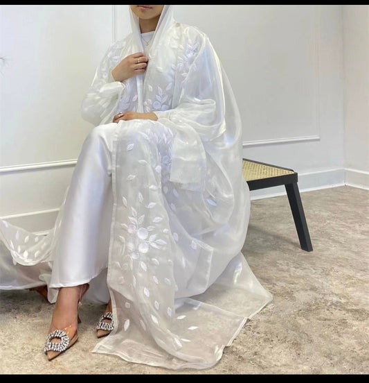 Silky White Embroidered Abaya